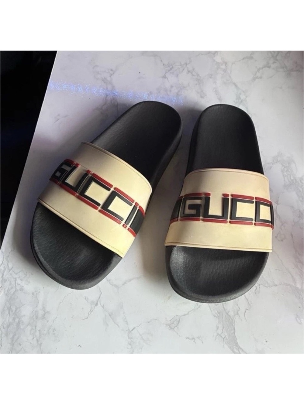 Gucci Women’s Slide Sandals Black/Beige/Red Logo Strap Slip-On US 6.5